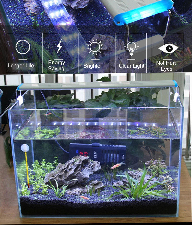 Aquarium LED Light Super Slim Fish Tank Aquatic Plant Grow Lighting Waterproof Bright Clip Lamp Blue LED 18-75cm for Plants 220v
