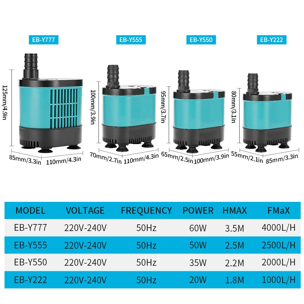 Submersible Water Pump for Aquarium, Fountain Pump for Fish Tank, Garden Fountain, Home, Submersible Waterfall, 220V