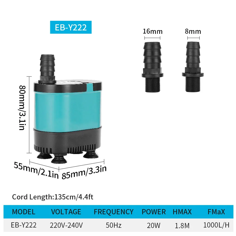 Submersible Water Pump for Aquarium, Fountain Pump for Fish Tank, Garden Fountain, Home, Submersible Waterfall, 220V