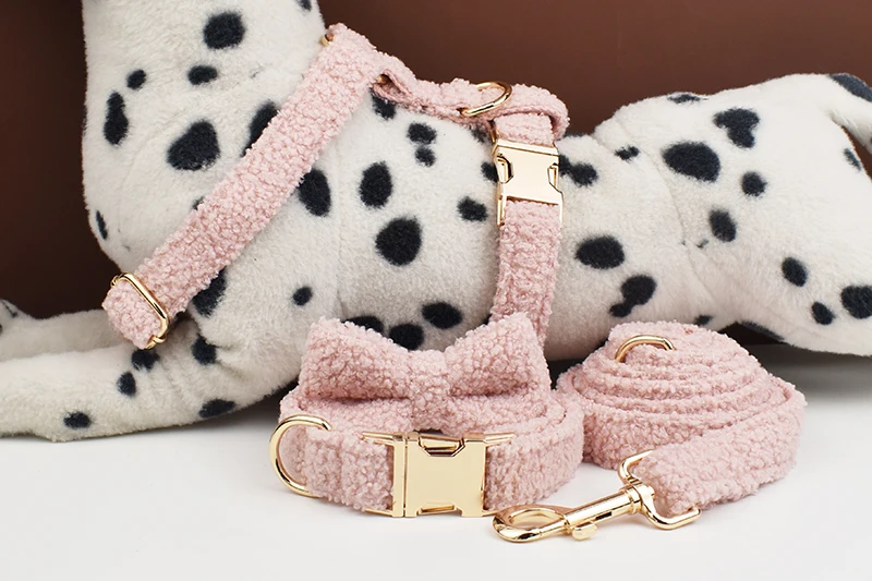 Teddy Velvet Dog Collar And Leash Set For Small Medium Large Dogs Custom Engraved Nameplate Pet Supplies Dog Leash