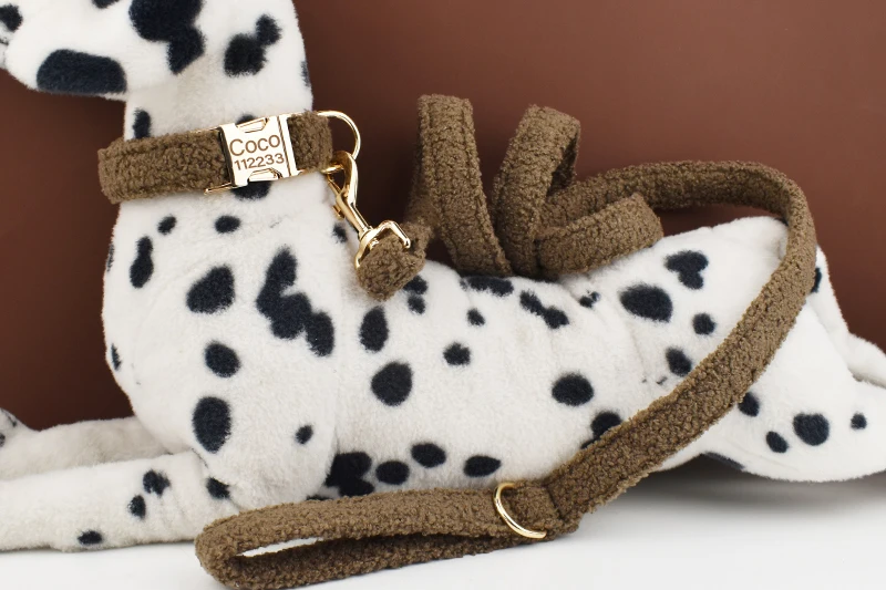Teddy Velvet Dog Collar And Leash Set For Small Medium Large Dogs Custom Engraved Nameplate Pet Supplies Dog Leash