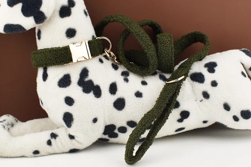 Teddy Velvet Dog Collar And Leash Set For Small Medium Large Dogs Custom Engraved Nameplate Pet Supplies Dog Leash
