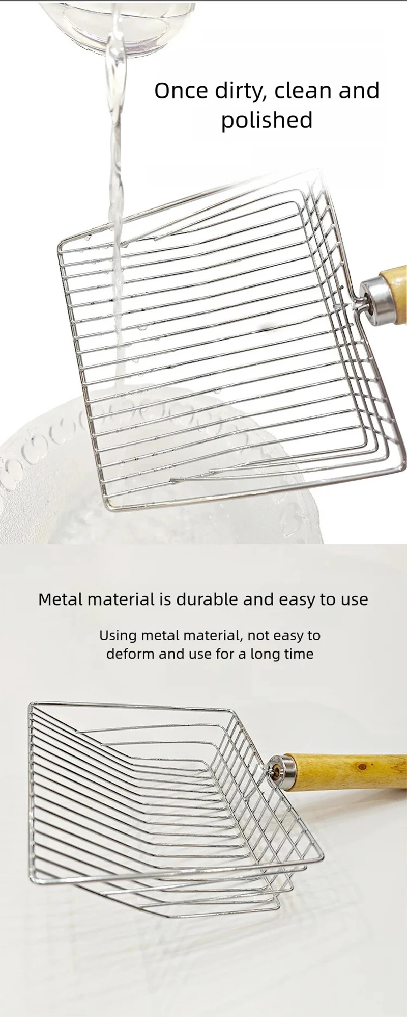 Stainless Steel Cat Litter Shovel Wooden Handle Shovel Easy To Clean Good-Looking Reduce Dust Suitable For Small Dog Toilets