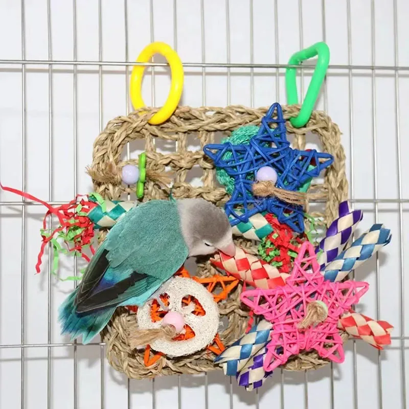 Parrot Bird Toys Foraging Wall Edible Seagrass Woven Climbing Net Mat with Colorful Chewing Toys for Parakeet Bird Hanging Cage