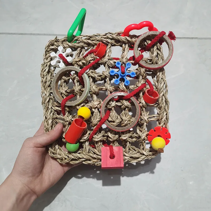 Parrot Bird Toys Foraging Wall Edible Seagrass Woven Climbing Net Mat with Colorful Chewing Toys for Parakeet Bird Hanging Cage