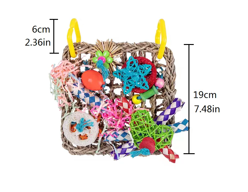 Parrot Bird Toys Foraging Wall Edible Seagrass Woven Climbing Net Mat with Colorful Chewing Toys for Parakeet Bird Hanging Cage