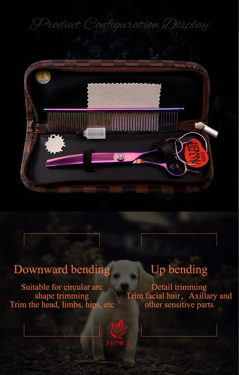 Fenice 7.25 Inch JP440C Professional Dog Grooming Scissors Curved Chunkers Thinning Shears for Pet Hair Cutting Tijeras Tesoura