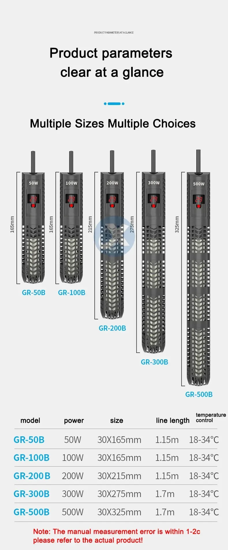 Aquarium Submersible Heater Fish Tank LCD Display Digital Adjustable Water Heating Rod Constant Temperature Control 500W