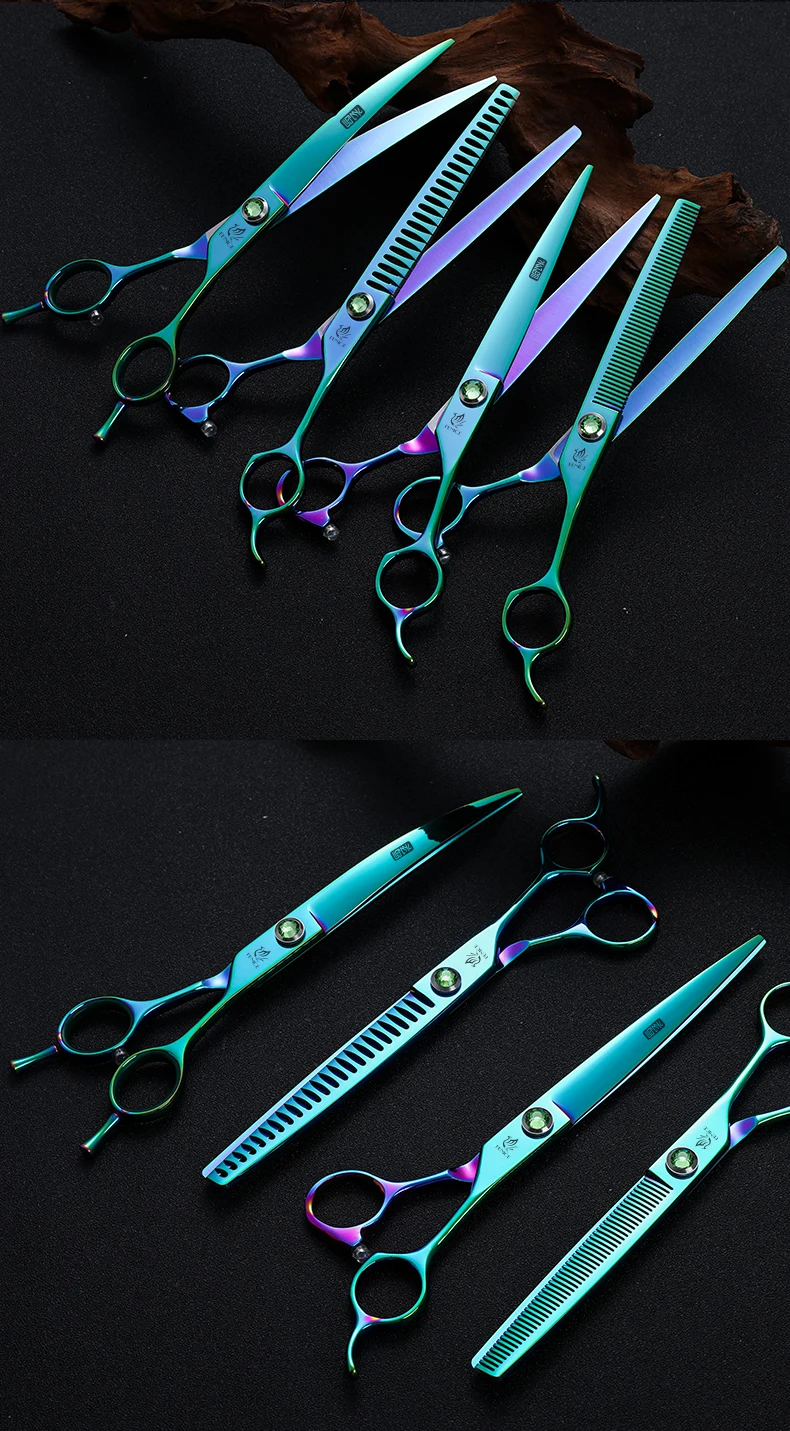 Fenice JP440C Steel 7.5 Inch Dog Beauty Scissors Pet Dogs Grooming Scissors Set Straight&Curved &Thinner&Chunker Shears Kits