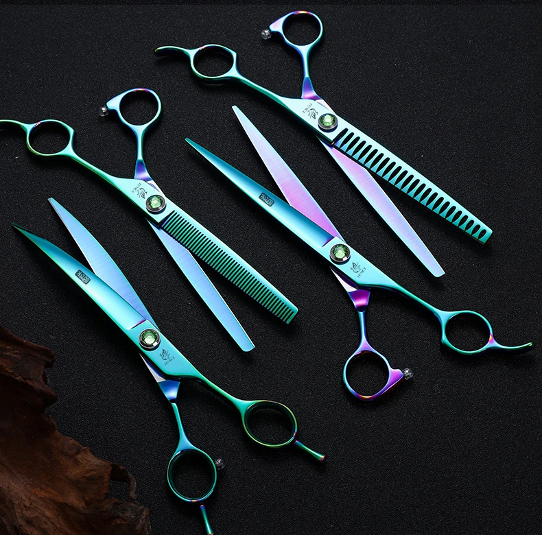 Fenice JP440C Steel 7.5 Inch Dog Beauty Scissors Pet Dogs Grooming Scissors Set Straight&Curved &Thinner&Chunker Shears Kits