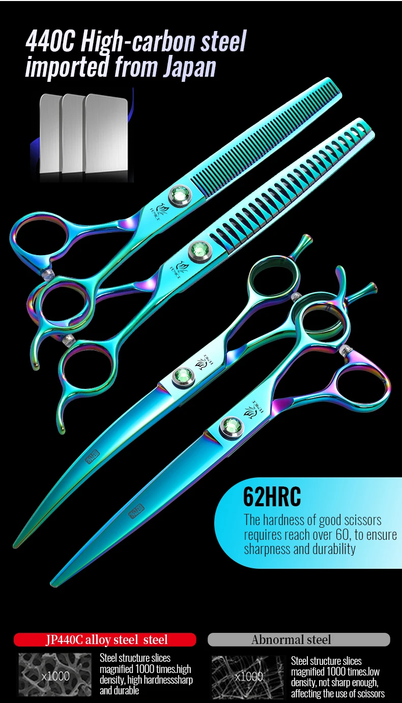 Fenice JP440C Steel 7.5 Inch Dog Beauty Scissors Pet Dogs Grooming Scissors Set Straight&Curved &Thinner&Chunker Shears Kits
