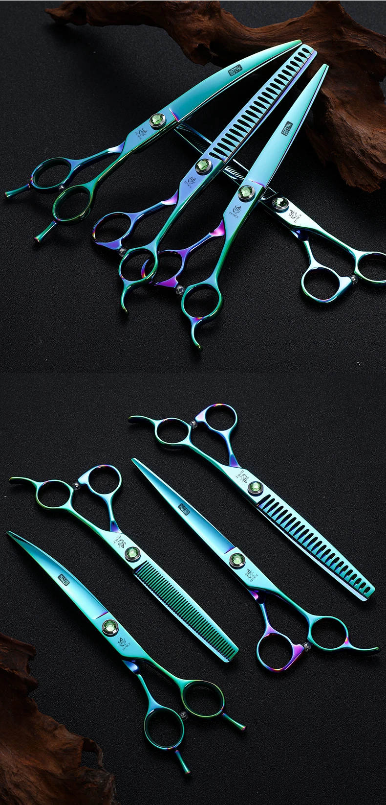 Fenice JP440C Steel 7.5 Inch Dog Beauty Scissors Pet Dogs Grooming Scissors Set Straight&Curved &Thinner&Chunker Shears Kits