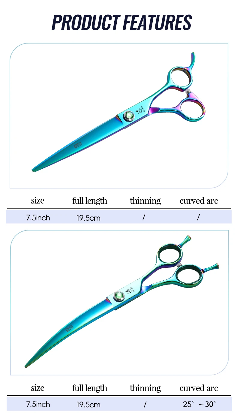 Fenice JP440C Steel 7.5 Inch Dog Beauty Scissors Pet Dogs Grooming Scissors Set Straight&Curved &Thinner&Chunker Shears Kits