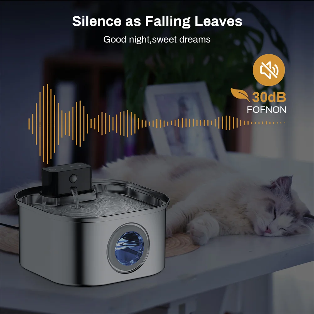 3.2L/108oz Wireless Charging Sensor Cat Water Feeder Stainless Steel Cat Dog Water Fountain Silent Water Level Window No Plug