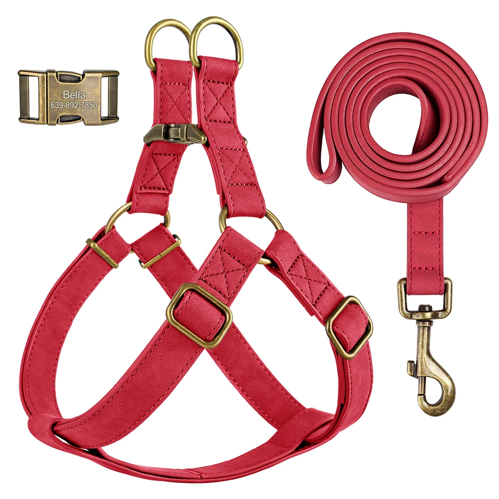 Custom PU Leather Harness And Leash Engraved Dog ID Buckle Harnesses Vest Pet Leading Rope Durable For Small Medium Dogs Bulldog