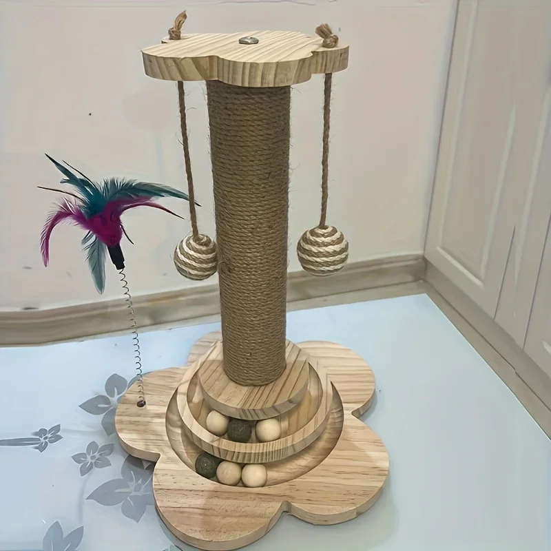 Solid Wood Cat Turntable Cat Scratching Post, Cat Teaser Stick, Cat Scratching Board for Cats, Durable Cat Toys