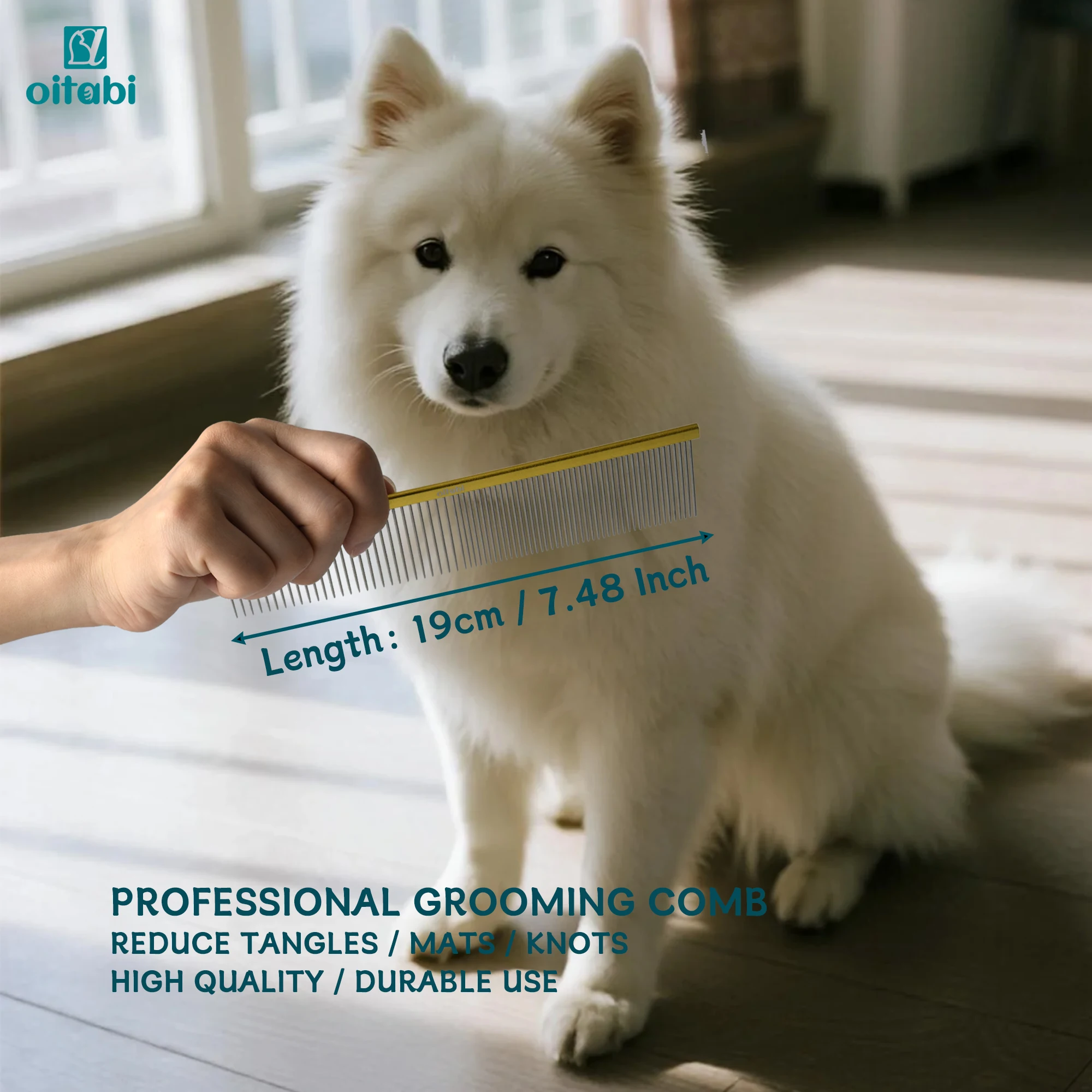 Oitabi Professional Pet Grooming Comb for Removing Matted Fur, Prevents Knots and Mats, Long Teeth Long & Short Haired Pet Comb