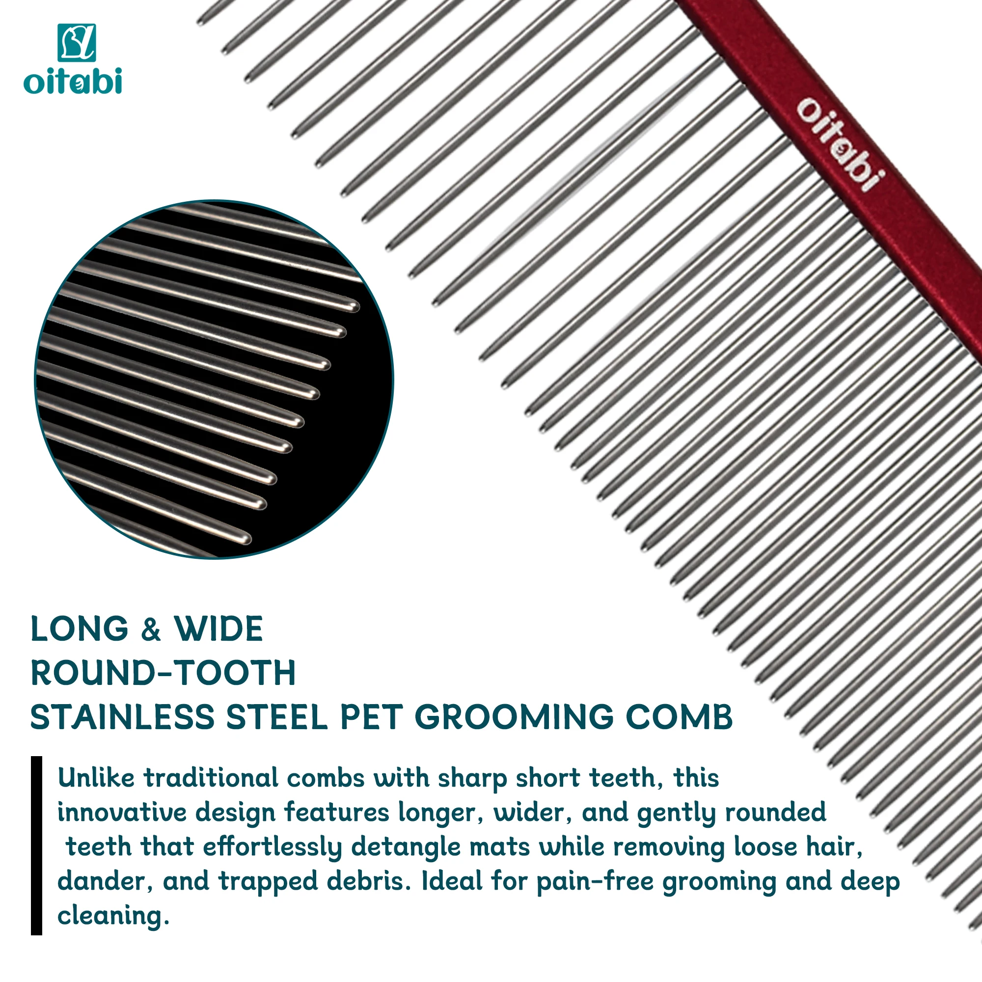 Oitabi Professional Pet Grooming Comb for Removing Matted Fur, Prevents Knots and Mats, Long Teeth Long & Short Haired Pet Comb
