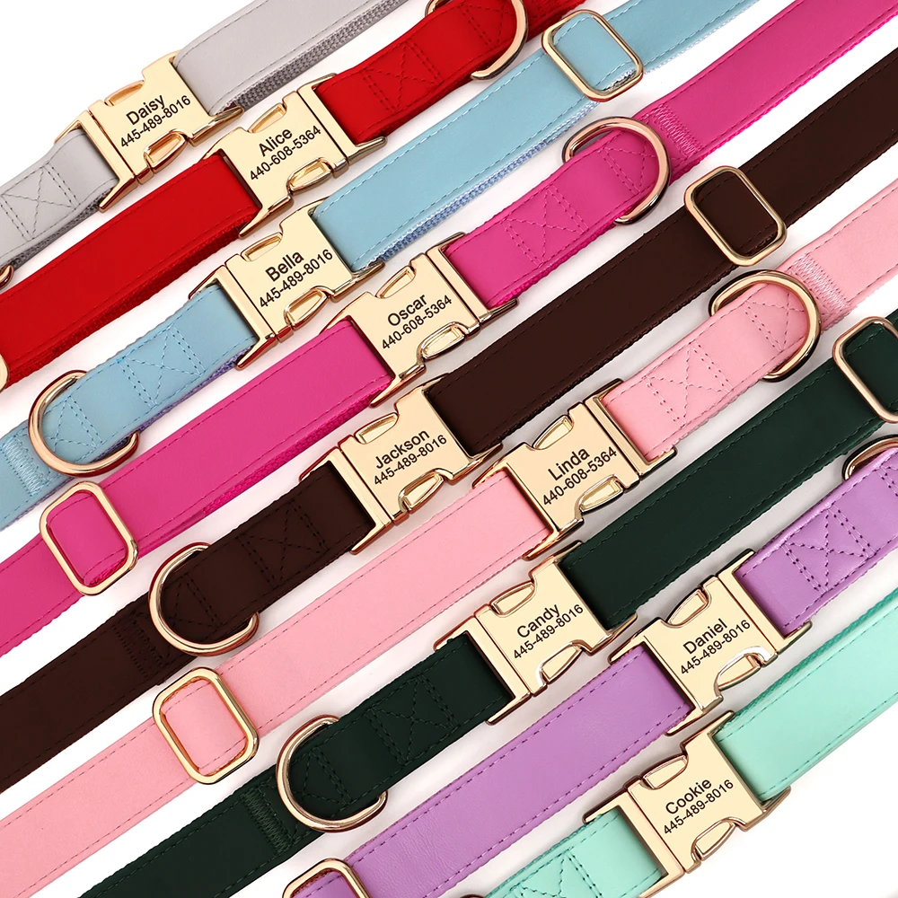 Personalized PU Leather Dog Collar Free Engraved Pet Collars Customized ID Name Necklace For Small Medium Large Dogs 9 Colors