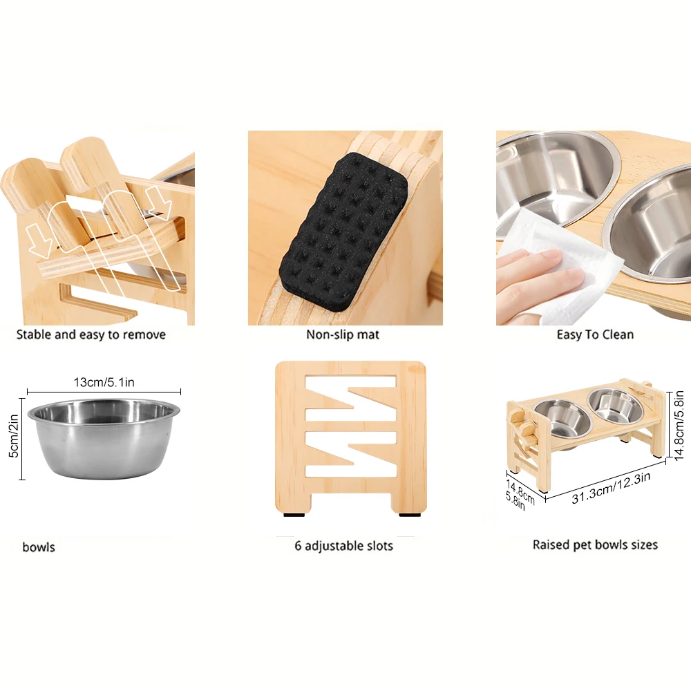 Elevated Small Toy Dog Cat Bowls Tilted Adjustable Puppy Feeder Stand with 2 Stainless Steel Bowls for Puppies Cats Accessories