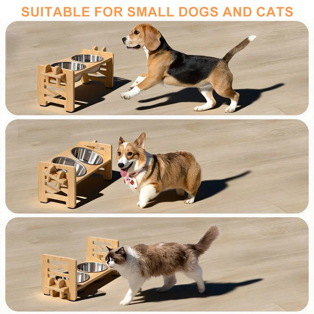 Elevated Small Toy Dog Cat Bowls Tilted Adjustable Puppy Feeder Stand with 2 Stainless Steel Bowls for Puppies Cats Accessories