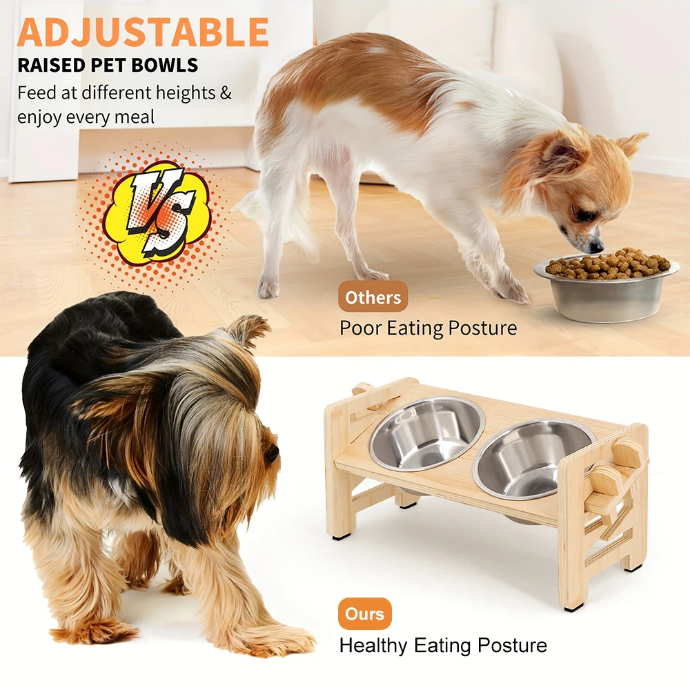 Adjustable Wooden Raised Dog Bowl Stand With 2 Stainless Steel Bowls For Small Dogs and Cats Sturdy Wooden Pet Food Feeder