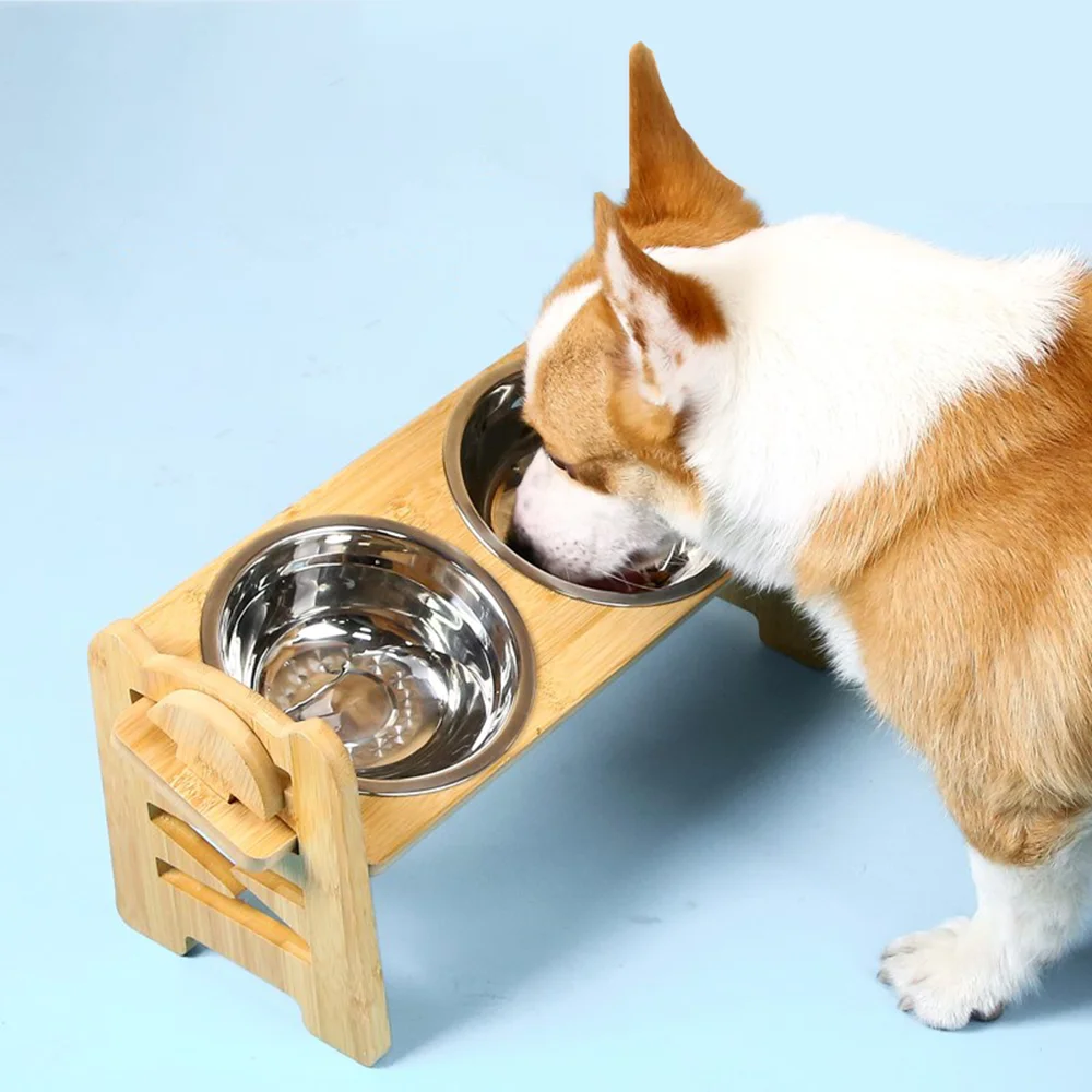 Adjustable Wooden Raised Dog Bowl Stand With 2 Stainless Steel Bowls For Small Dogs and Cats Sturdy Wooden Pet Food Feeder