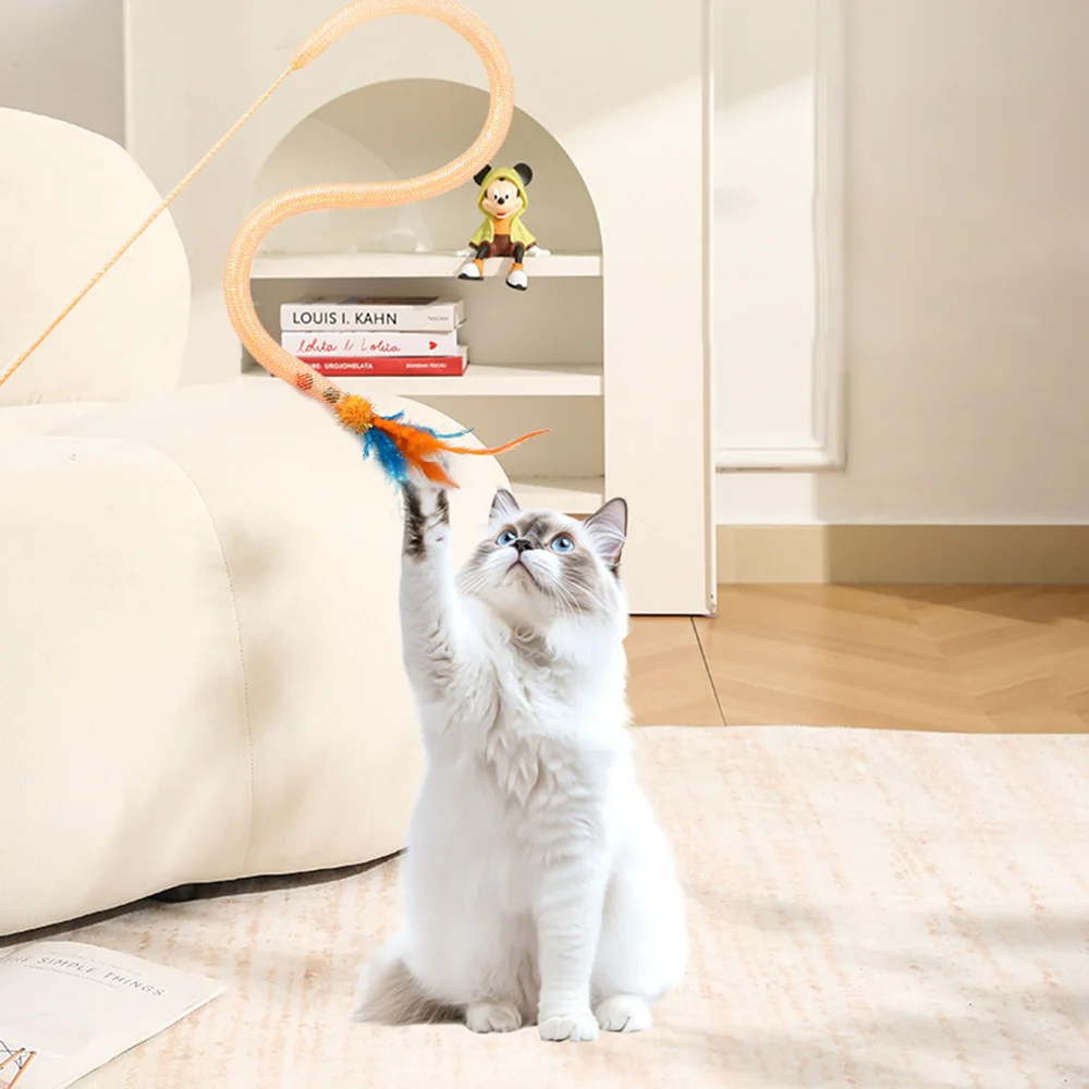 Snake Cat Teaser Wand with Catnip Balls, Elastic Mesh Tubes, Fur Balls & Feathers - Interactive Pet Toy for Cats/Kittens,