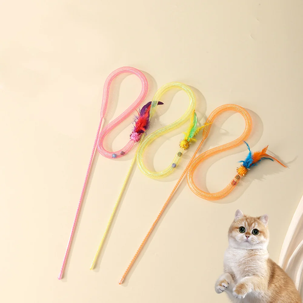 Snake Cat Teaser Wand with Catnip Balls, Elastic Mesh Tubes, Fur Balls & Feathers - Interactive Pet Toy for Cats/Kittens,