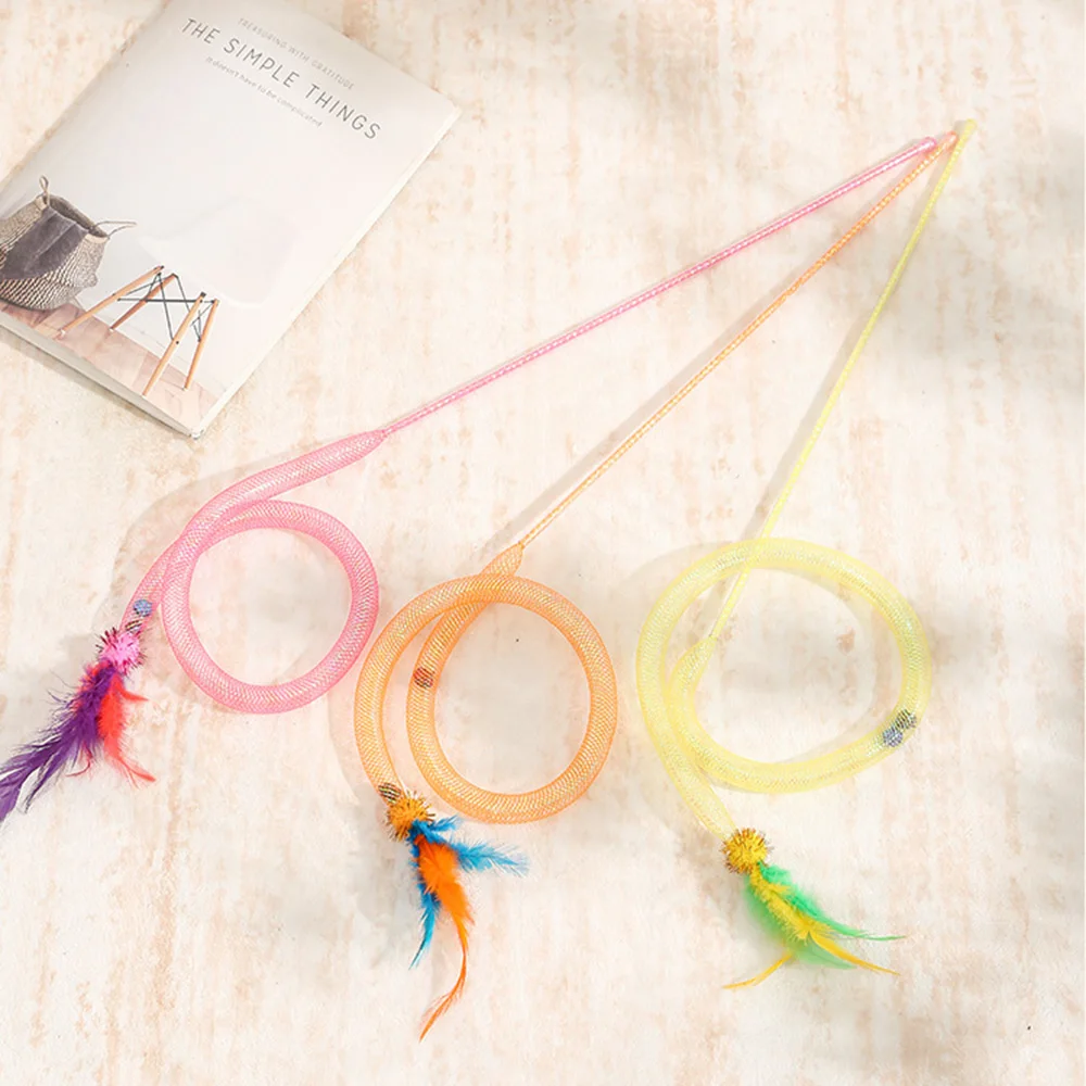 Snake Cat Teaser Wand with Catnip Balls, Elastic Mesh Tubes, Fur Balls & Feathers - Interactive Pet Toy for Cats/Kittens,