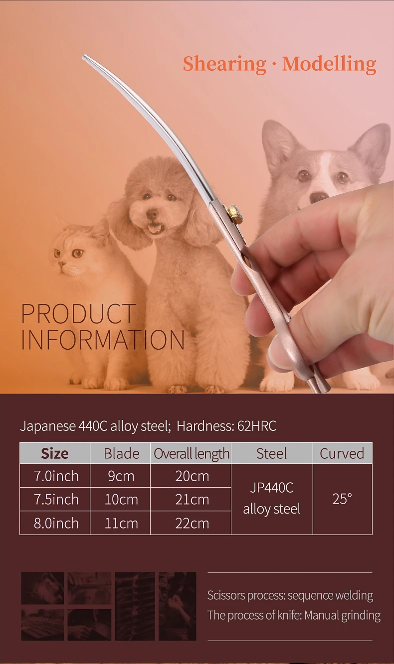 Fenice JP440C Steel Dog Scissors 7/7.5/8 Inch Pet Grooming Shears Curved Hair Trimming Scissors for Dogs Professional Groomer