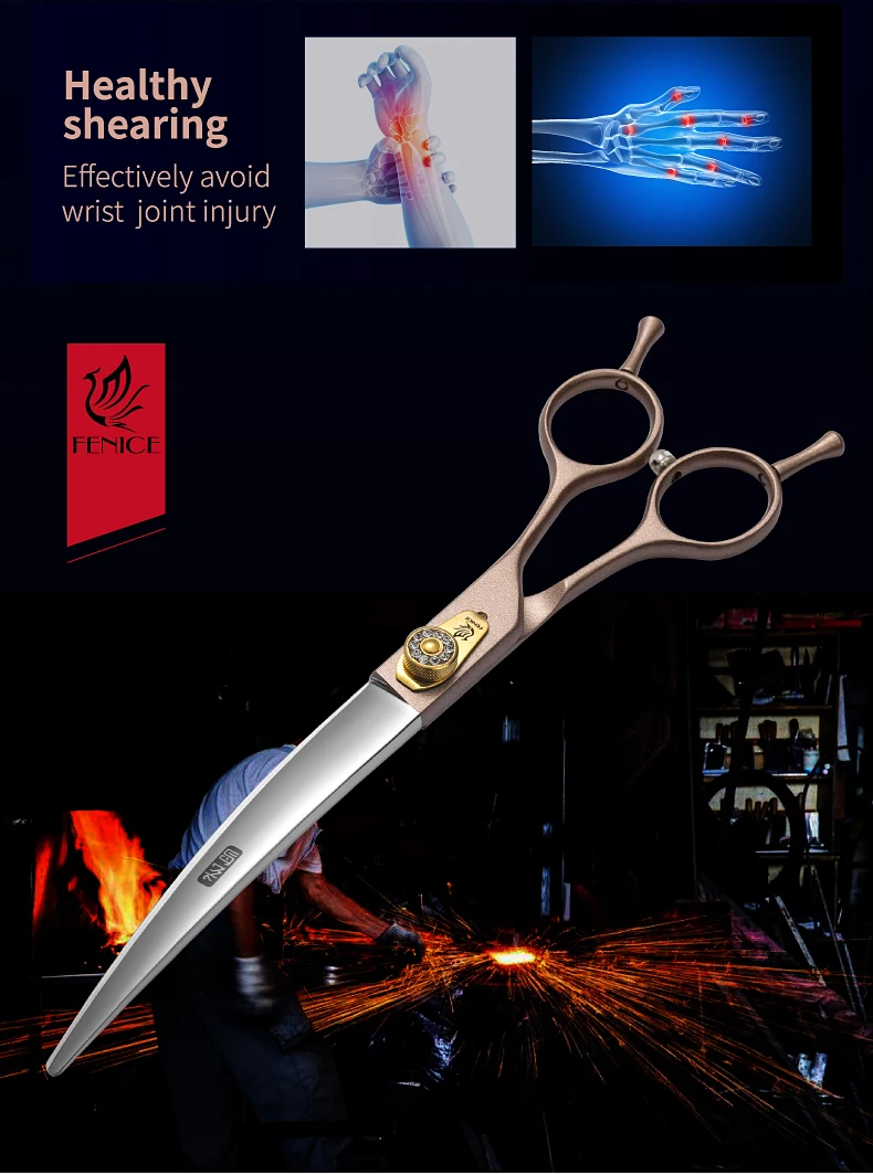 Fenice JP440C Steel Dog Scissors 7/7.5/8 Inch Pet Grooming Shears Curved Hair Trimming Scissors for Dogs Professional Groomer