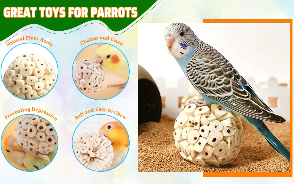Bird Chewing Toy Natural Sola Ball Parrot Shredder Foraging Toy for Finch Cockatiel African for Grey Gerbil Small