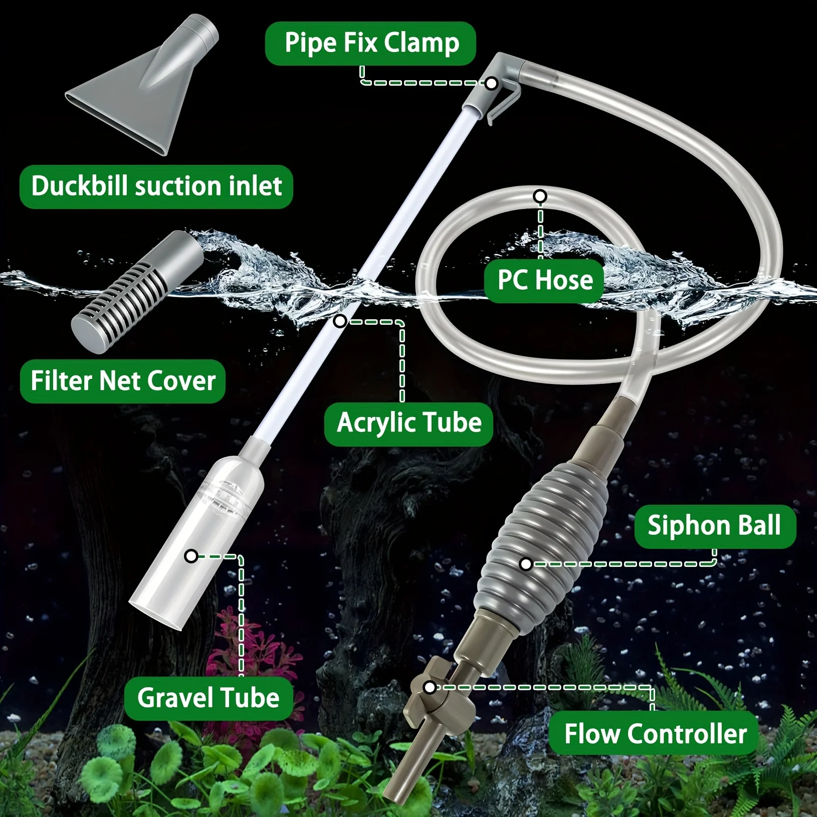 3-in-1 Multifunctional Aquarium Water Changer Manual Fish Tank Cleaning Siphon with Flow Control Debris Vacuum Fish Tank Drainer