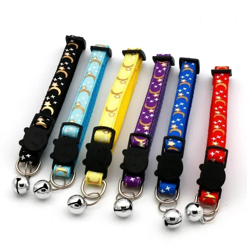 Pet Collar Cat Dog Gold Color Stars and Moon Pet Collar with Bell and PP Material Separate Luminescence Safety Buckle Solid Safe