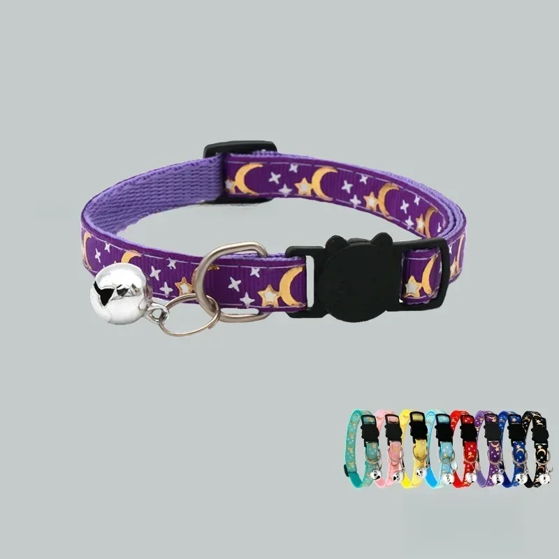 Pet Collar Cat Dog Gold Color Stars and Moon Pet Collar with Bell and PP Material Separate Luminescence Safety Buckle Solid Safe
