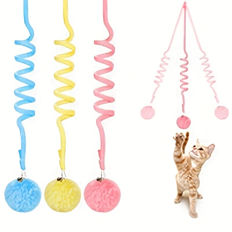 1pc Suction Cup Spring Fur Ball Retractable Cat Teaser with Bells Colorful Elastic Strings Fluffy Balls Cat Toy Pet Supplies