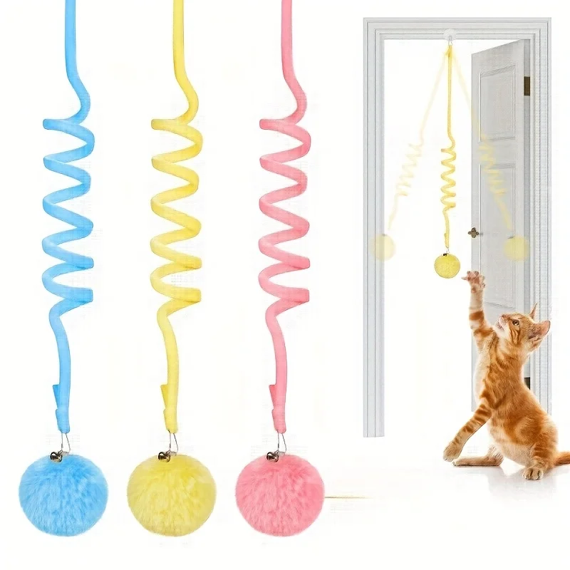 1pc Suction Cup Spring Fur Ball Retractable Cat Teaser with Bells Colorful Elastic Strings Fluffy Balls Cat Toy Pet Supplies