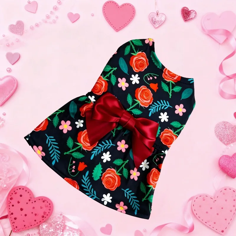 Dog Print Dress Clothing Rose Bow Dress Dog Cat Love Balloon Thin Dress Holiday Party Valentine's Day Festival Dress Up Supplies
