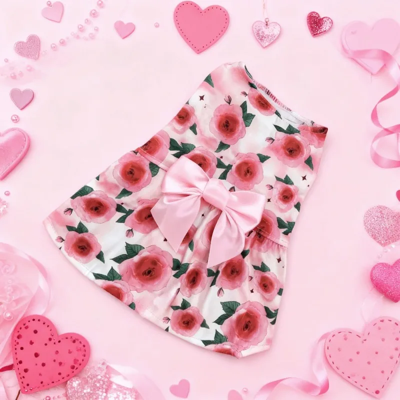 Dog Print Dress Clothing Rose Bow Dress Dog Cat Love Balloon Thin Dress Holiday Party Valentine's Day Festival Dress Up Supplies