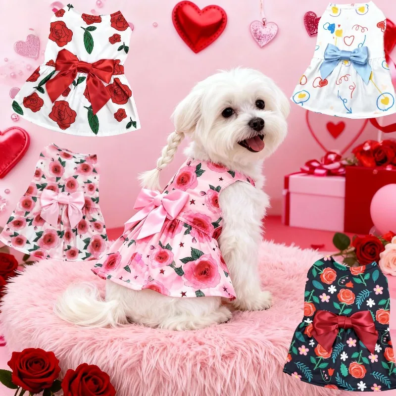 Dog Print Dress Clothing Rose Bow Dress Dog Cat Love Balloon Thin Dress Holiday Party Valentine's Day Festival Dress Up Supplies
