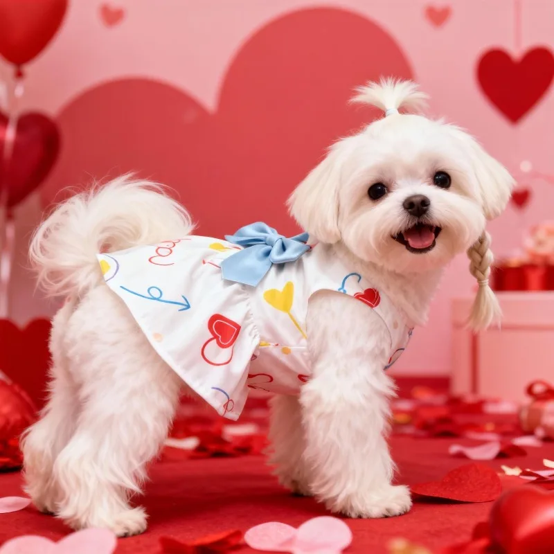 Dog Print Dress Clothing Rose Bow Dress Dog Cat Love Balloon Thin Dress Holiday Party Valentine's Day Festival Dress Up Supplies