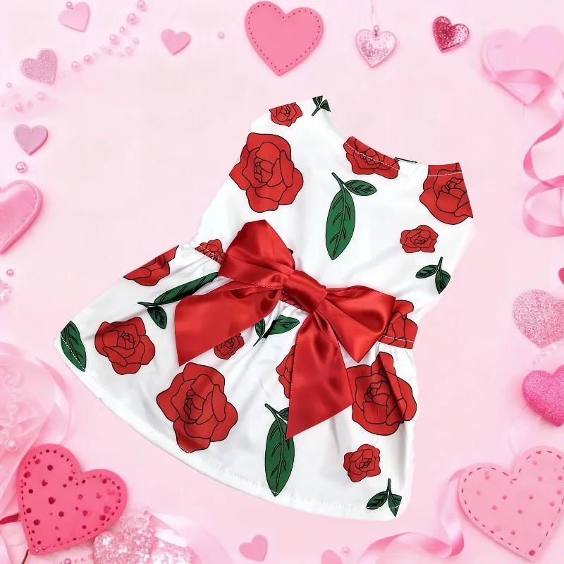 Dog Print Dress Clothing Rose Bow Dress Dog Cat Love Balloon Thin Dress Holiday Party Valentine's Day Festival Dress Up Supplies