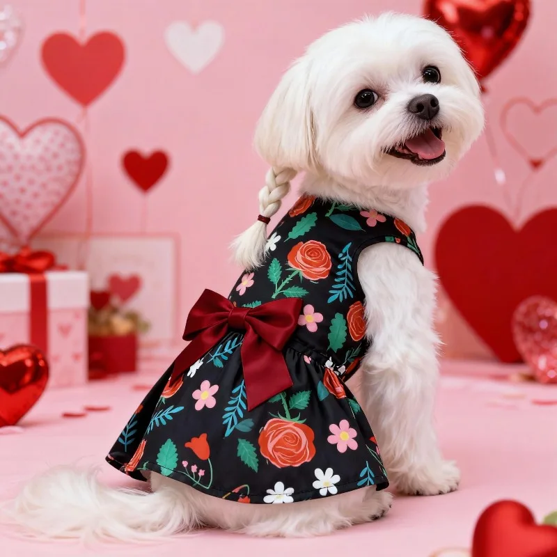 Dog Print Dress Clothing Rose Bow Dress Dog Cat Love Balloon Thin Dress Holiday Party Valentine's Day Festival Dress Up Supplies