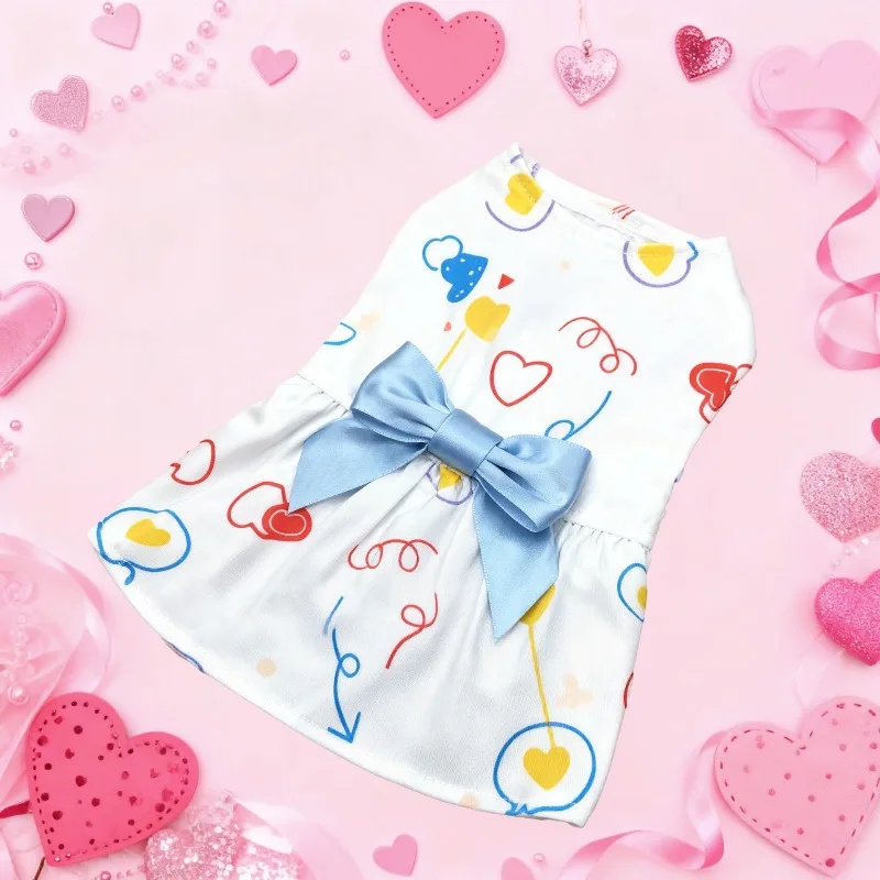 Dog Print Dress Clothing Rose Bow Dress Dog Cat Love Balloon Thin Dress Holiday Party Valentine's Day Festival Dress Up Supplies