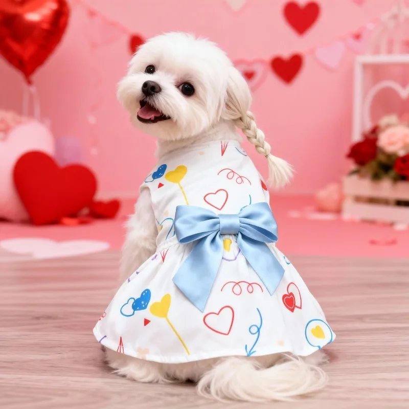 Dog Print Dress Clothing Rose Bow Dress Dog Cat Love Balloon Thin Dress Holiday Party Valentine's Day Festival Dress Up Supplies