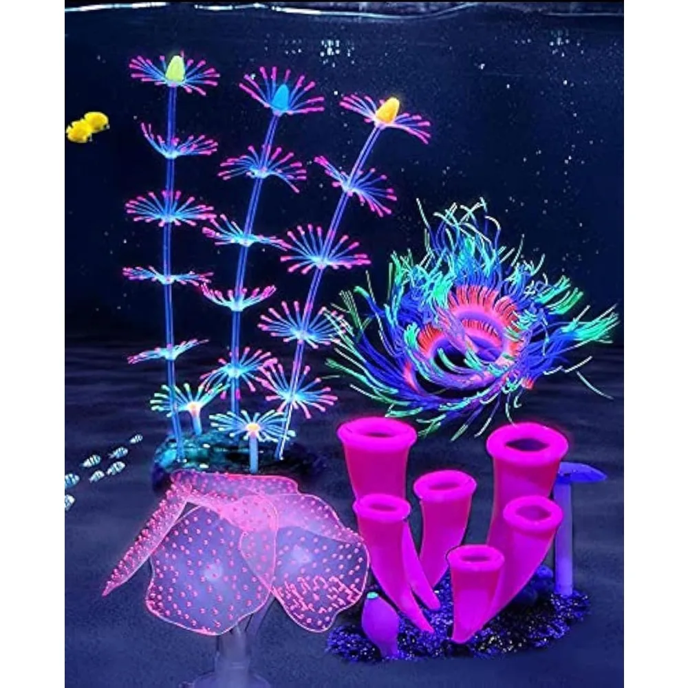 Aquarium Fish Tank Decorations with Fluorescence Effect Silicone Glow Artificial Ornament Coral Reef Plants for Aquarium Fish