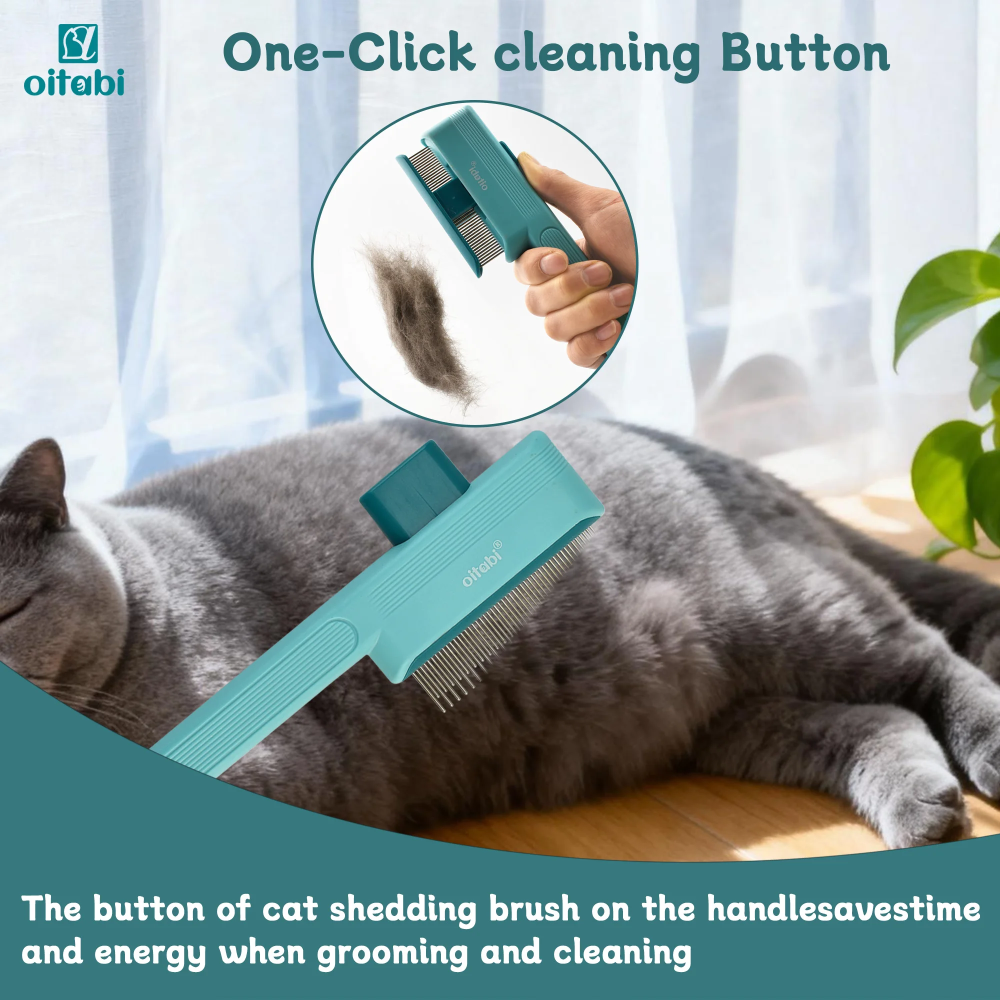 Oitabi 1/2PCS Pet Comb Flea Comb for Cats Dogs, Cat Grooming Brush with Release Button and Round Teeth, Self-Cleaning Dog Combs