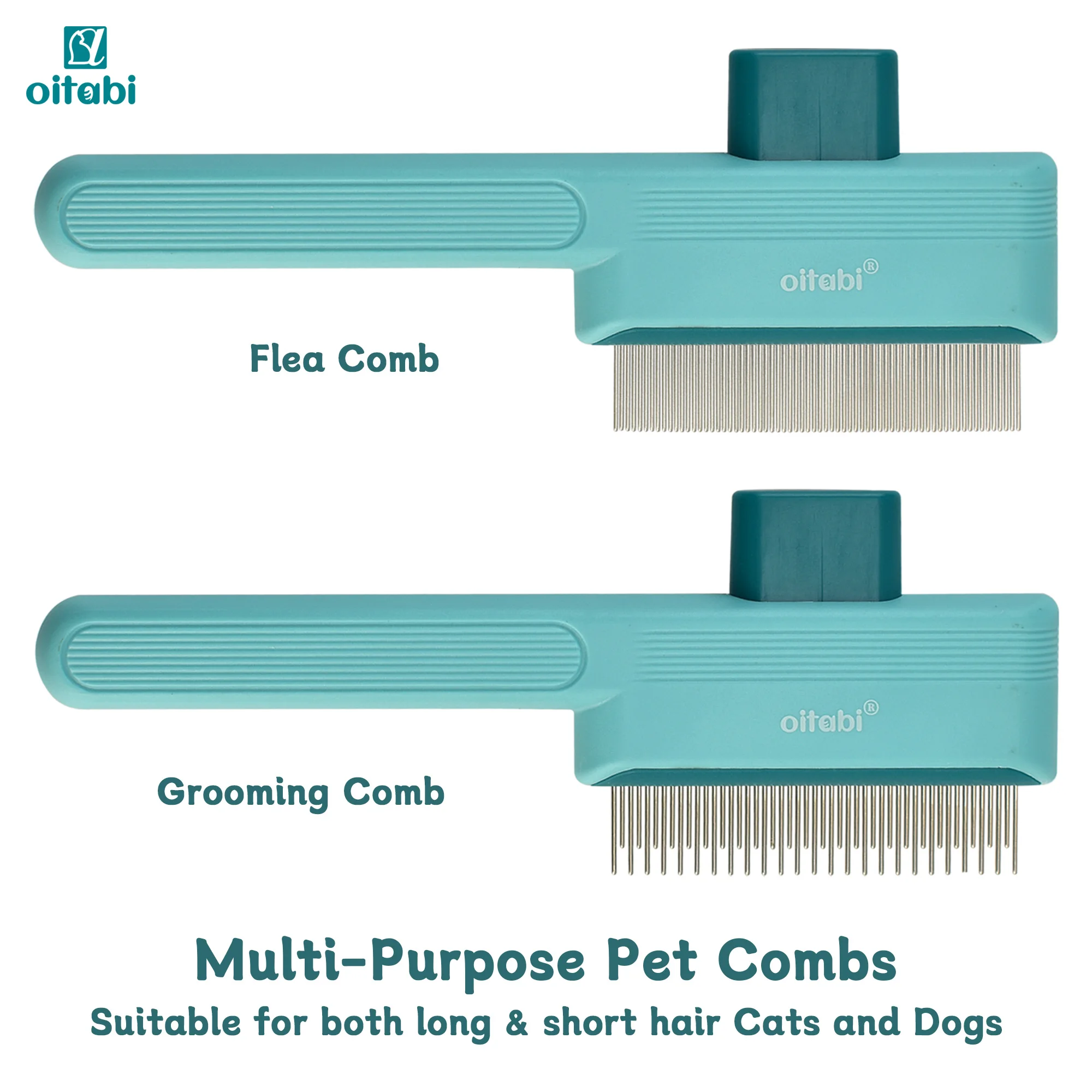 Oitabi 1/2PCS Pet Comb Flea Comb for Cats Dogs, Cat Grooming Brush with Release Button and Round Teeth, Self-Cleaning Dog Combs