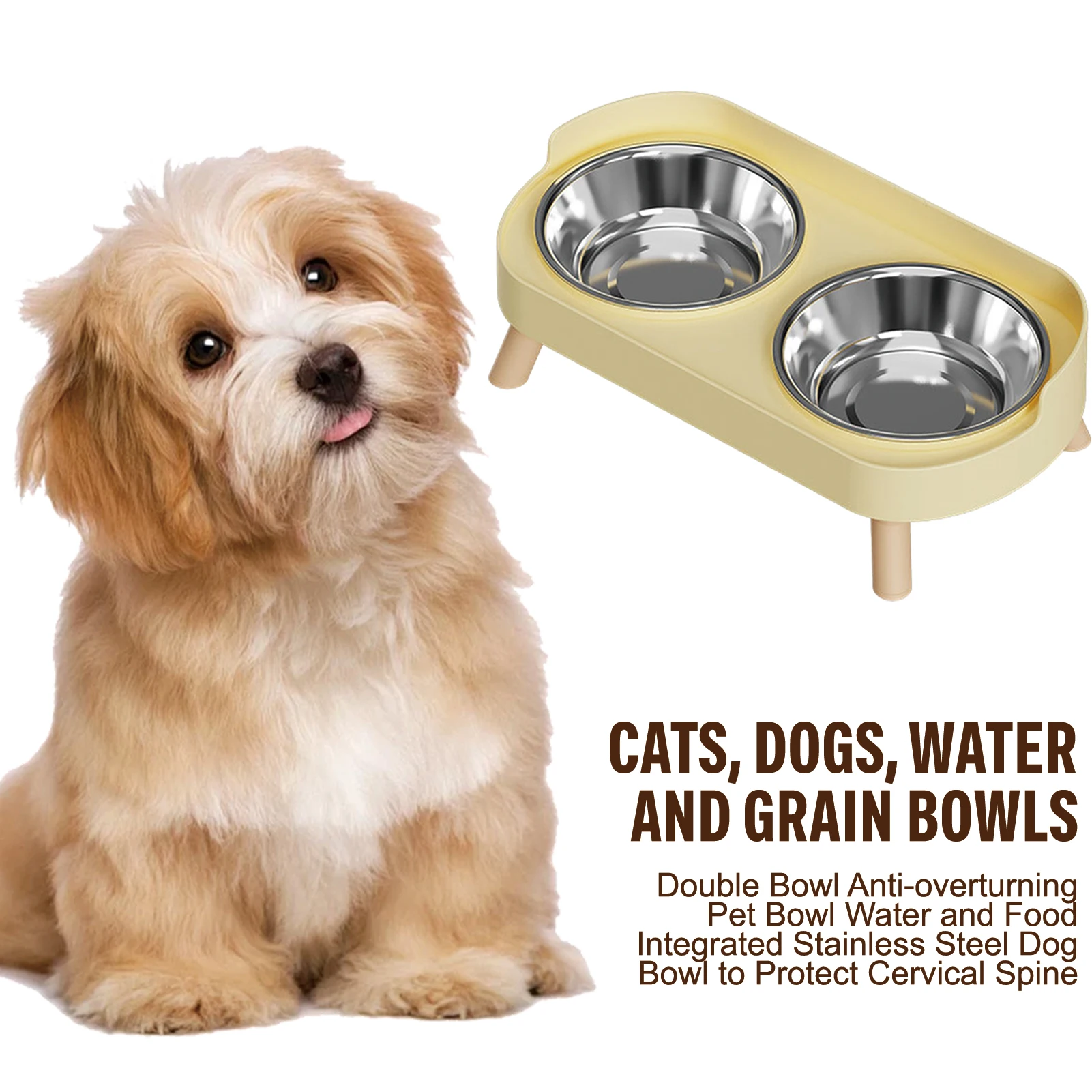 Stainless Steel Anti-Slip Cervical Protect Dual Bowl Pet Food Feeder for Cats and Dogs with Elevated Design